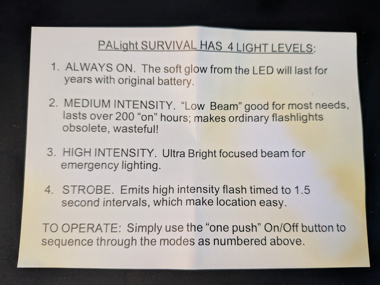 PALight Survival PLUS 9V Battery LED Flashlight - White LED - Black Body - 4 Light Levels