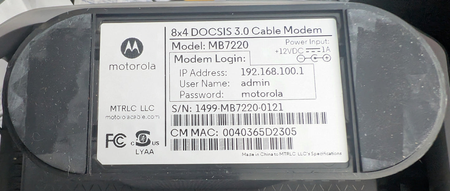 MOTOROLA MB7220 8x4 343 Mbps Cable Modem, DOCSIS 3.0