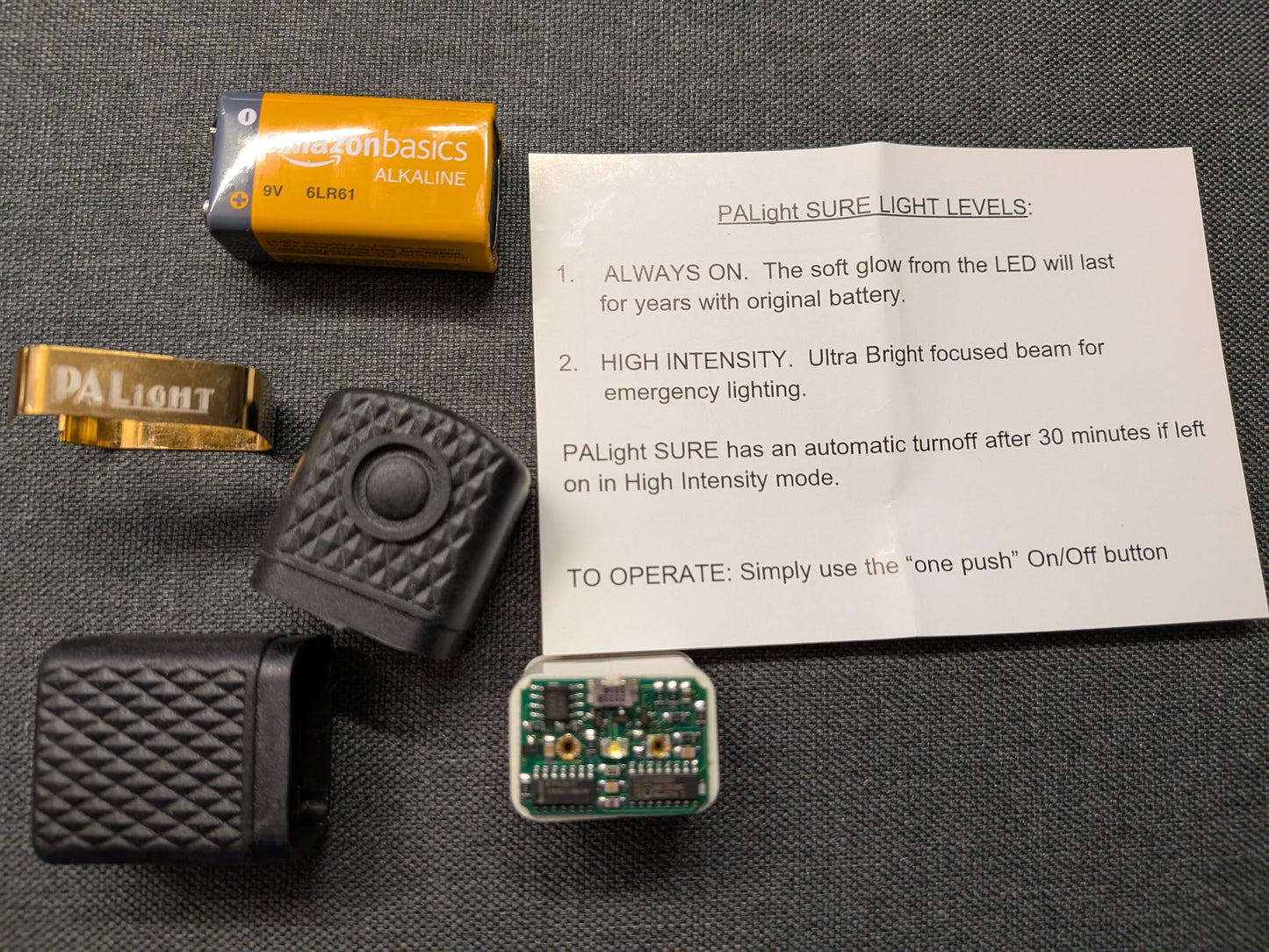 PALight SURE 9V Battery LED Flashlight - White LED - Black Body/Gold Trim - 2 Light Levels