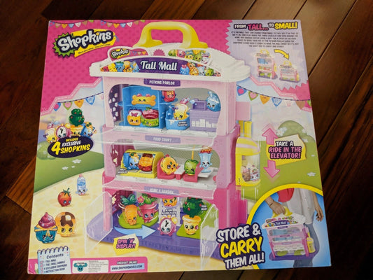 Shopkins Tall Mall Carrier Playset w/ 4 Exclusive Shopkins & Elevator